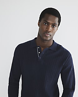 Navy Slim Fit Knit Long Sleeve Polo Shirt