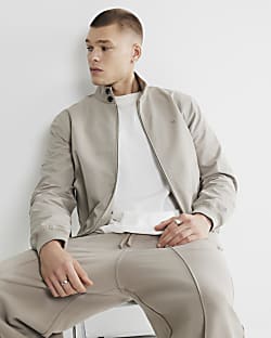 Beige Cotton Funnel Harrington Jacket