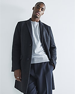 Grey Slim Fit Faux Wool Overcoat River Island