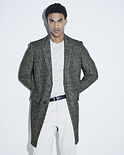 Grey Textured Slim Overcoat River Island