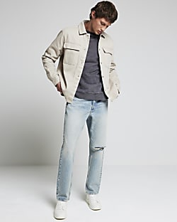 Beige Regular Fit Herringbone Overshirt