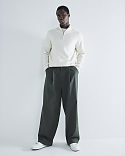 Beige slim fit waffle half zip jumper