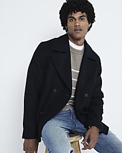 Black Regular Fit Wool Blend Peacoat River Island
