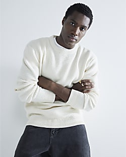 Ecru Slim Fit Waffle Textured Crew Jumper River Island