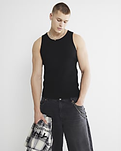 Black muscle fit stretch rib vest top