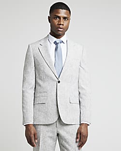 Ecru slim fit textured suit jacket River Island