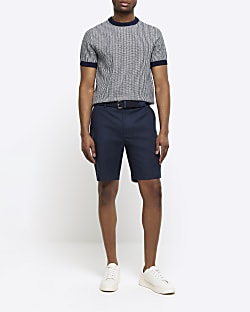 Navy slim fit belted chino shorts