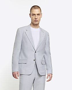 Blue slim fit linen blend suit jacket