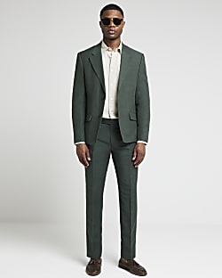 Green slim fit linen blend suit jacket