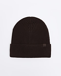 Brown knitted rib beanie River Island
