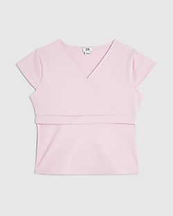 Girls Pink Cross Over Fitted Top