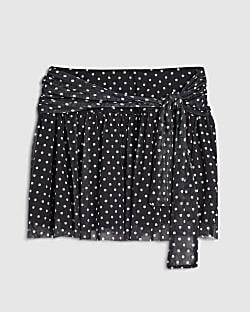 Girls Black Spot Tie Pleated Mini Skirt