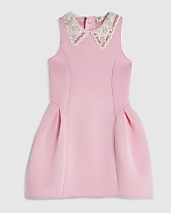 Girls Pink Premium Embellished Collar Dress
