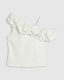 Girls White Ruffle One Shoulder Top