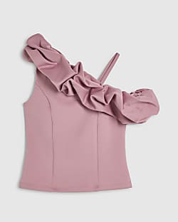 Girls Pink Ruffle One Shoulder Top