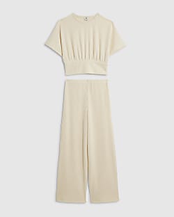 Girls Cream Ribbed Cinch Waist Wide Leg Set