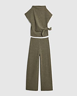 Girls Khaki Rib Twist Top and Trousers Set