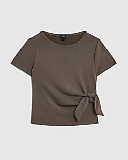 Girls Khaki Soft Touch Tie Side Top