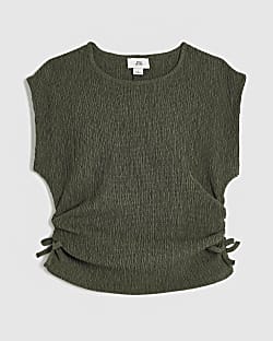 Girls Khaki Ruched Side Top