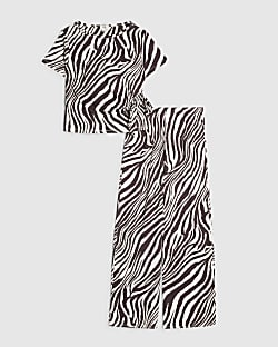 Girls White Zebra Print Tie Side T-Shirt Set