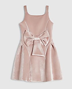 Girls Pink Velvet Bow Skater Dress
