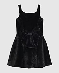Girls Black Velvet Bow Skater Dress