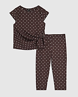 Girls Brown Tie Side Capri Spot T-Shirt Set