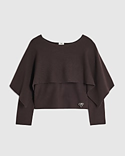 Girls Brown Long Sleeve 2-In-1 Cape Jumper