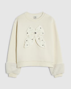 Girls Cream 3D Bow Fur Cuff Sweatshirt