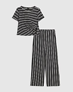 Girls Black Stripe T-Shirt and Trouser Set