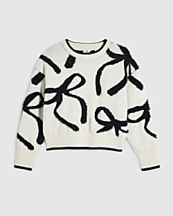 Girls White Fluffy Bow Jumper