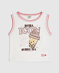 Girls White Boba Icon Whipstitch Tank Top 
