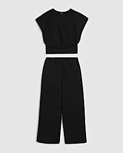 Girls Black Cinched Top And Trousers Set