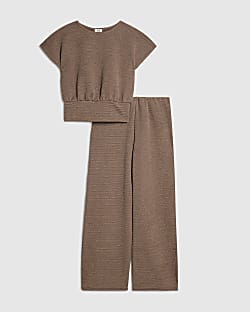 Girls Beige Cinched Top And Trousers Set