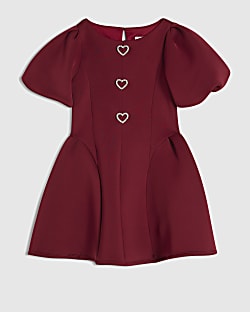 Girls Burgundy Premium Puff Sleeve Dress