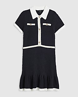 Girls Navy Boucle Knit Dress