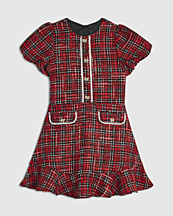 Girls Red Premium Puff Sleeve Boucle Dress