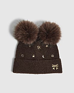 Girls Brown Multi Charm Beanie