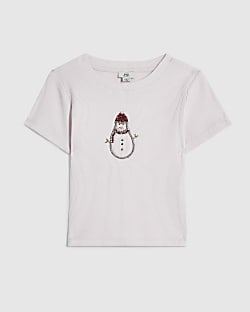 Girls Pink Diamante Snowman T-Shirt