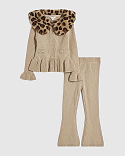 Mini Girls Beige Leopard Print Fur Collar Set