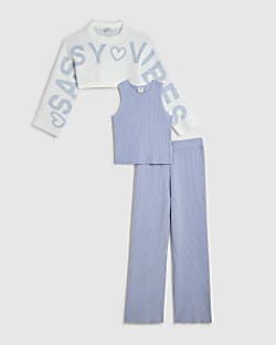Girls Blue 2 In 1 Sassy Top and Trousers Set