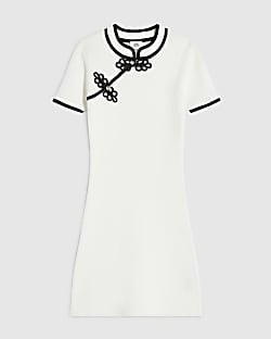 Girls Cream Ribbed Frogging Dress