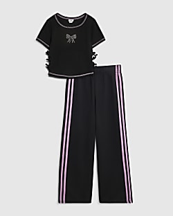Girls Black Bow T-Shirt And Joggers Set