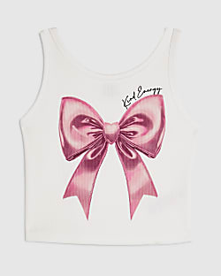 Girls White Pink Bow Tank Top