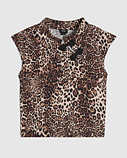 Girls Brown Leopard Frogging Detail Top