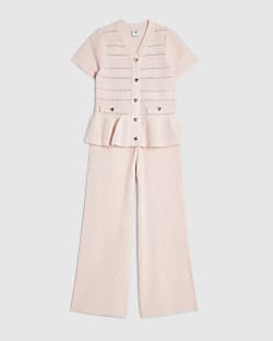 Girls Pink Knitted Wide Leg Trousers Set