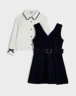 Mini Girls Navy Boucle Pinafore Shirt Dress
