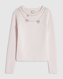Girls Pink Knit Necklace Embellished Top