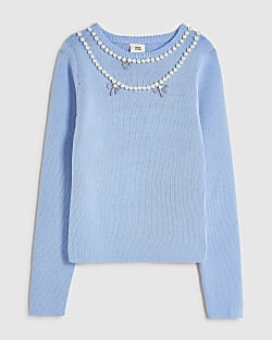Girls Blue Knit Necklace Top