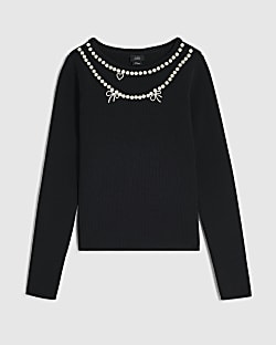 Girls Black Knit Necklace Embellished Top